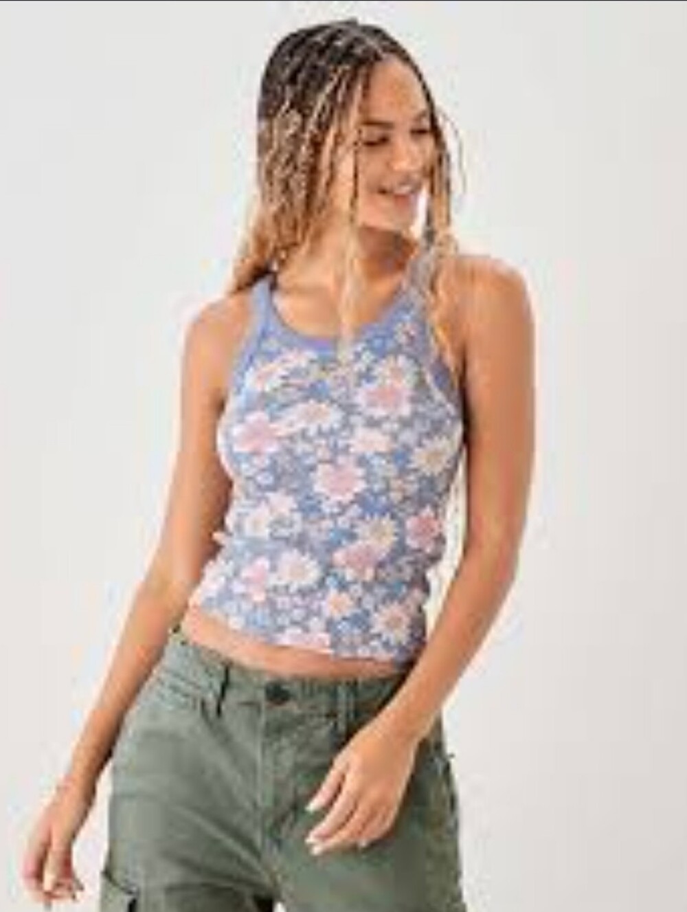 American Eagle Outfitters Lavender Floral Ribbed Tank M Crop Henley